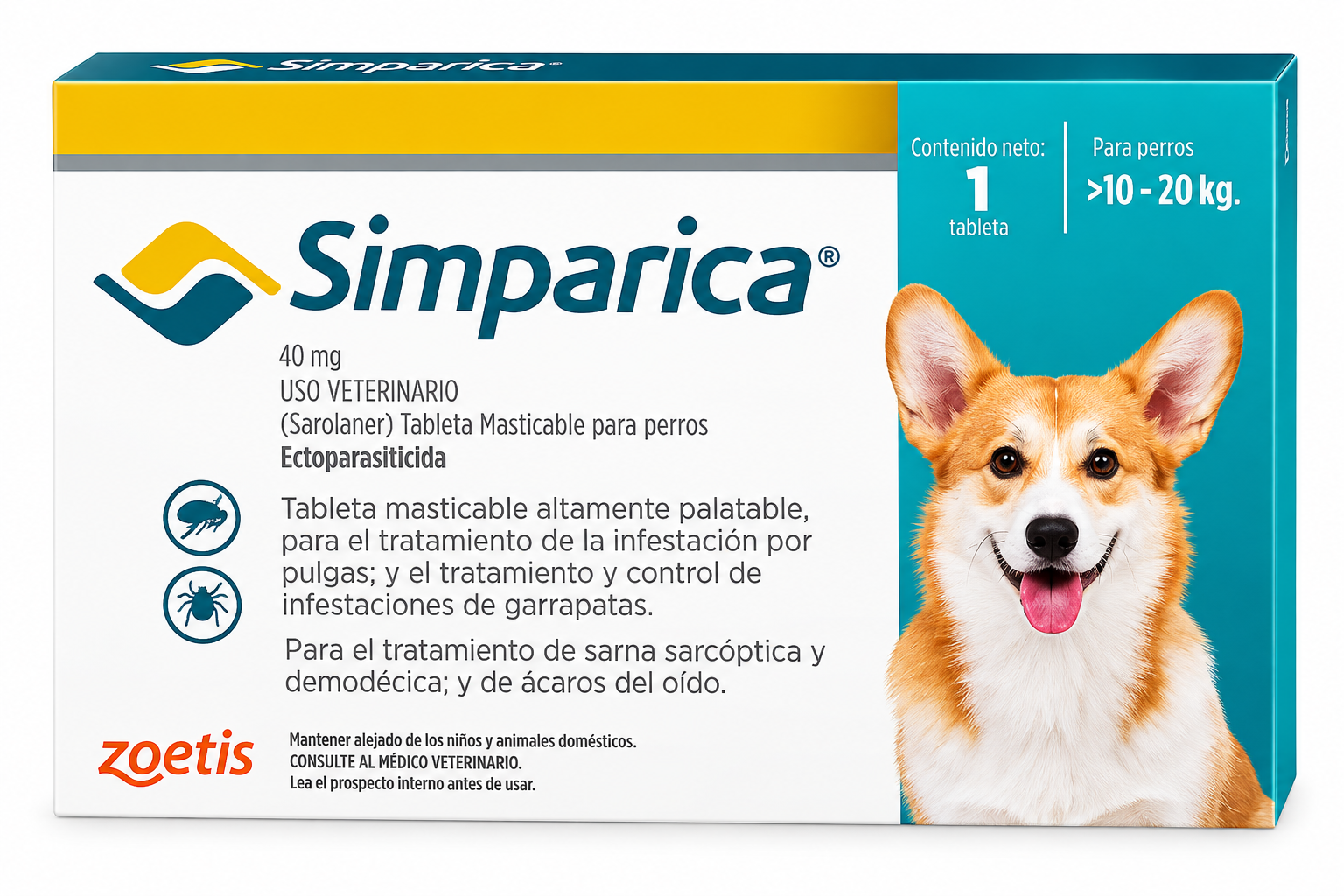 Desparasitante Externo Perro Simparica 40 mg 10-20 Kg 1 Tableta