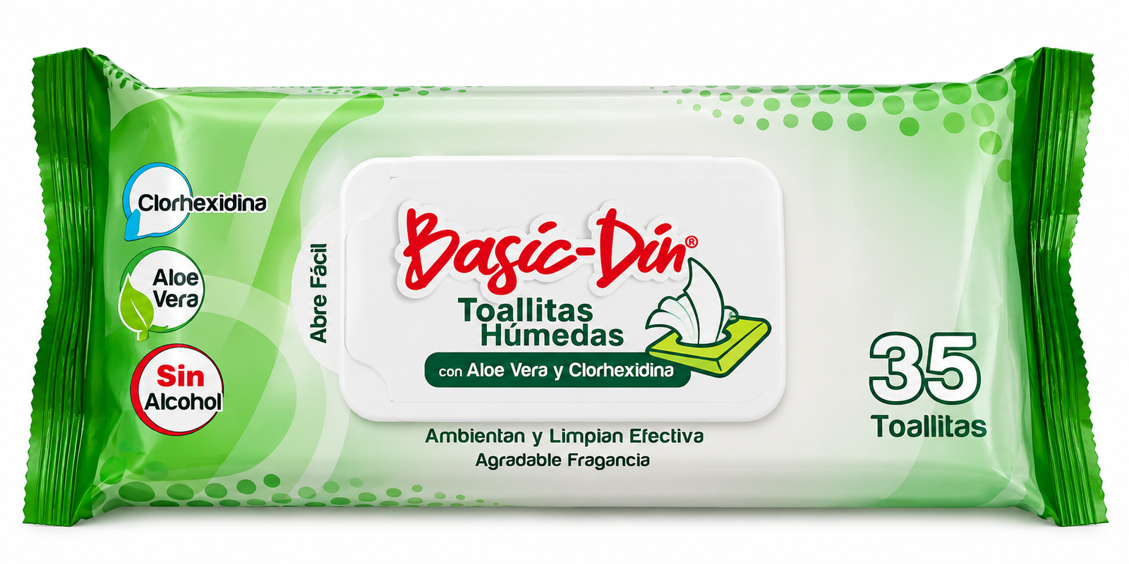 Basic-Din Toallitas Húmedas Con fórmula Aloe Vera y Clorhexidina X 35 UND